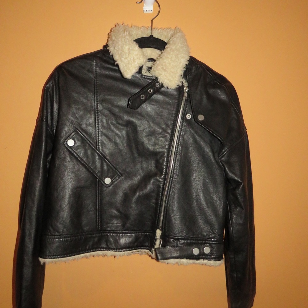 Zara Black Leather Jacket with Asymmetrical Zipper and Faux Fur Collar